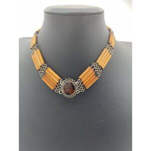 Vintage Bamboo Choker Necklace With Amber Colored Pendant & Silver Accents